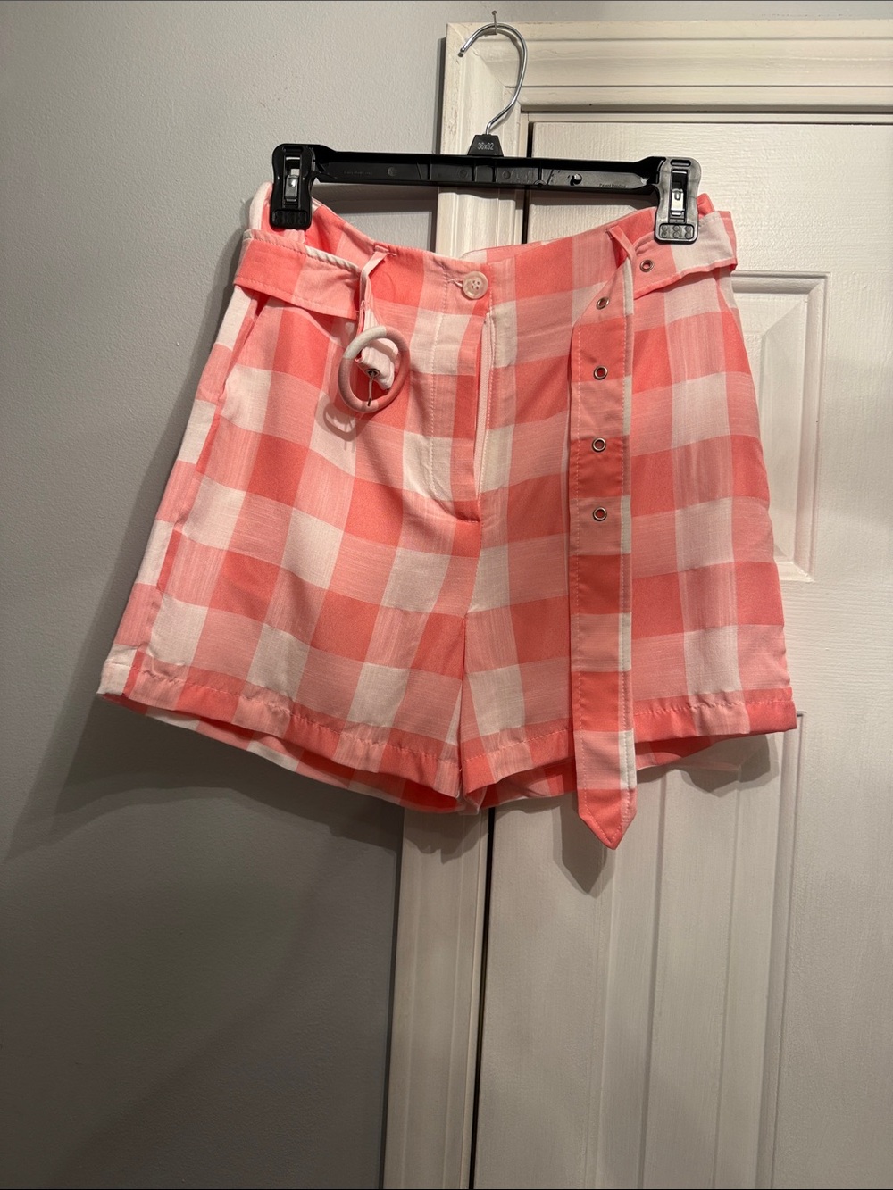 Women’s Coral Pink Plaid High-Waist Shorts with Belt